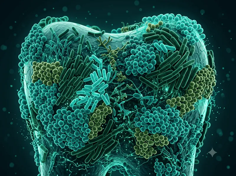 Microscopic illustration of dental biofilm bacteria colonizing tooth surface