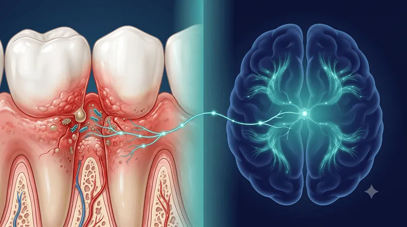 Gum disease and brain health — illustrated connection between inflamed gums and Alzheimer's brain