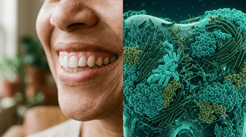 Oral microbiome blog — healthy smile beside microscopic bacteria visualization