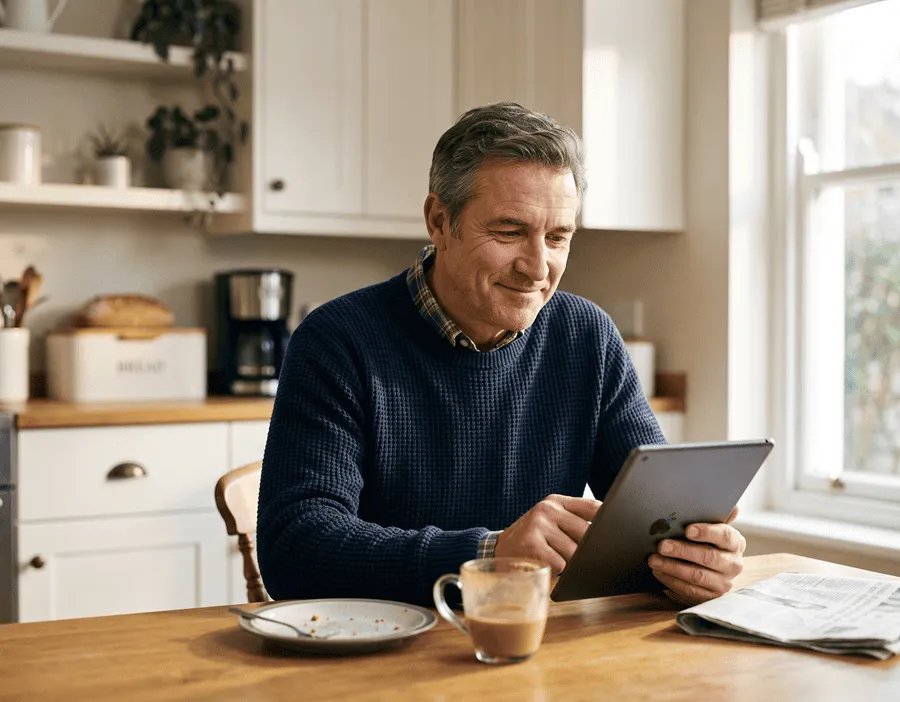 Man discovering Synadentix — reading about oral microbiome health on a tablet at home