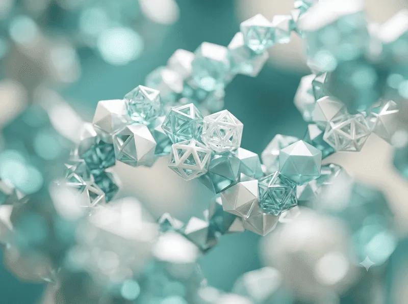 Enzyme molecule structure — crystalline geometric forms in teal, representing Synadentix enzyme complex