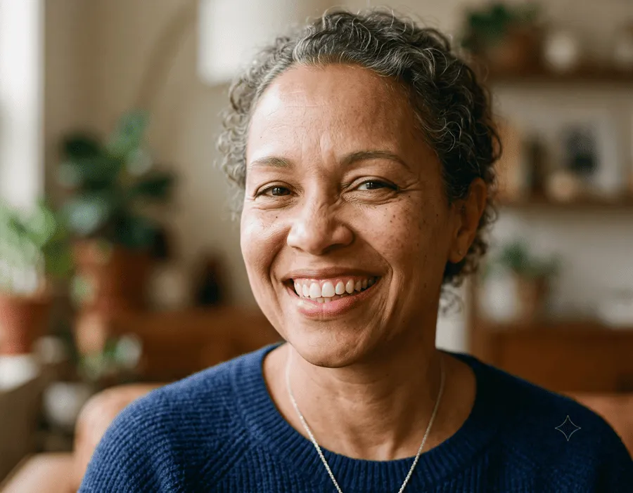 Woman in her 50s smiling confidently with healthy teeth and gums — Synadentix customer result