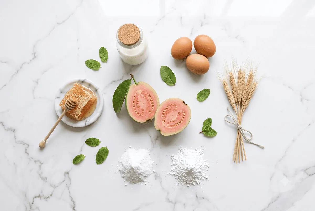 Natural Synadentix ingredients flat lay — guava, honey, eggs, milk, wheat, mineral powders on marble