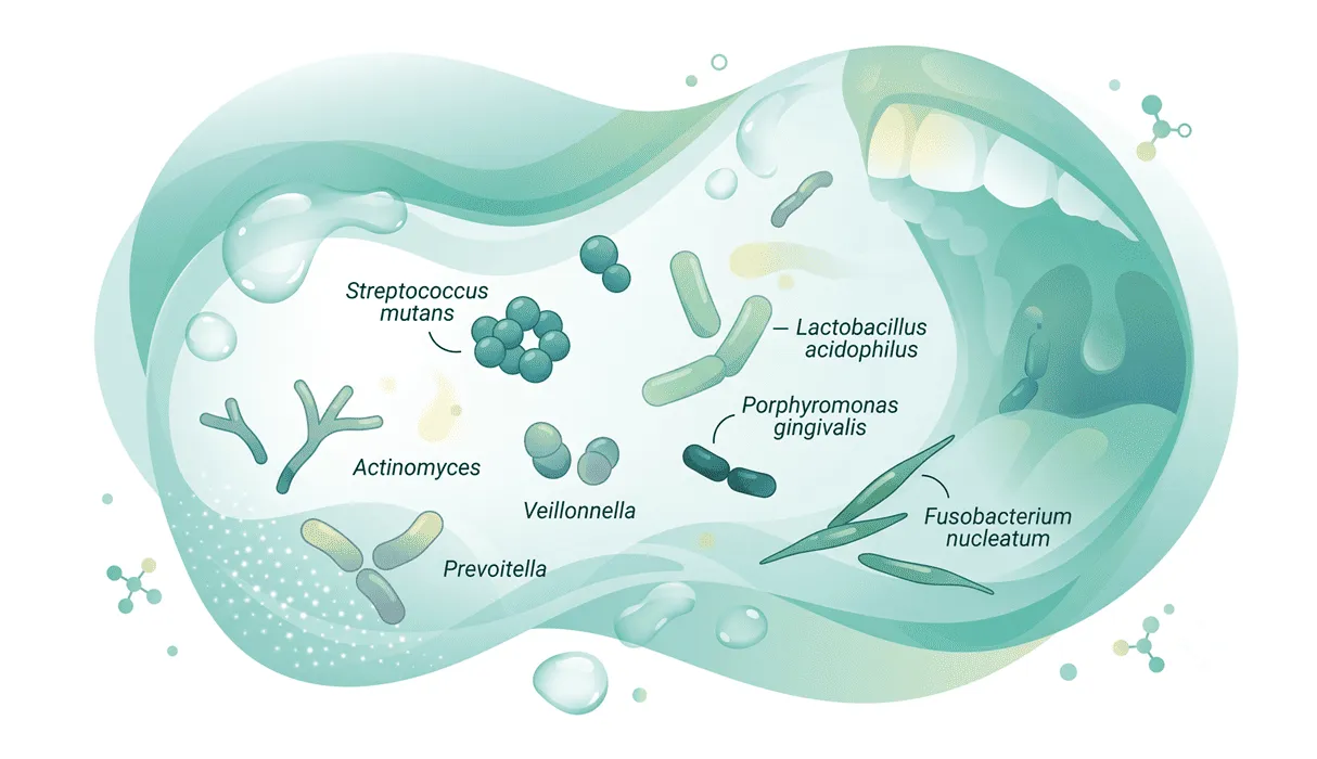 Illustrated diagram of the oral microbiome — showing Streptococcus mutans, P. gingivalis, and other oral bacteria species