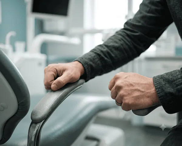 Person gripping dental chair armrests — dental anxiety and fear