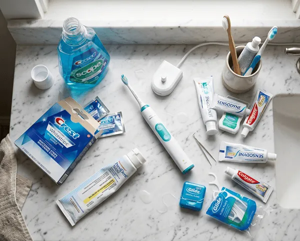 Bathroom counter full of dental products — frustration with treatments that don't work