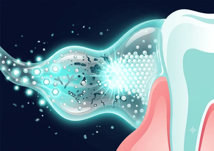 Hydroxyapatite minerals rebuilding tooth enamel — remineralization illustration